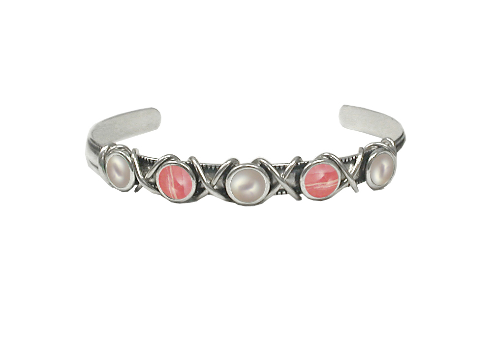 Sterling Silver Cuff Bracelet With Cultured Freshwater Pearl And Rhodocrosite